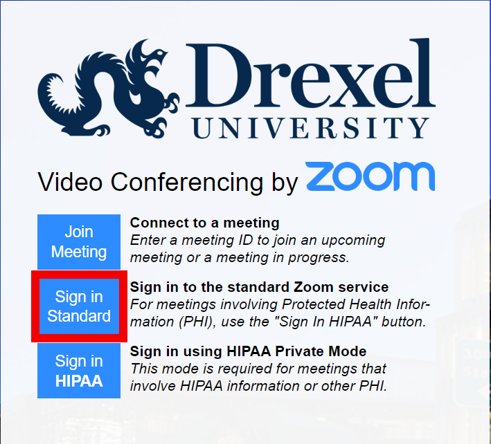 Drexel University Zoom with 'Sign in Standard' Button Outlined